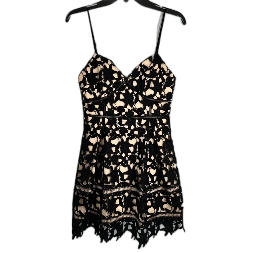 Windsor‎ Spaghetti Strap Black Lace over Nude Mini Cocktail Dance Dress Sz SM